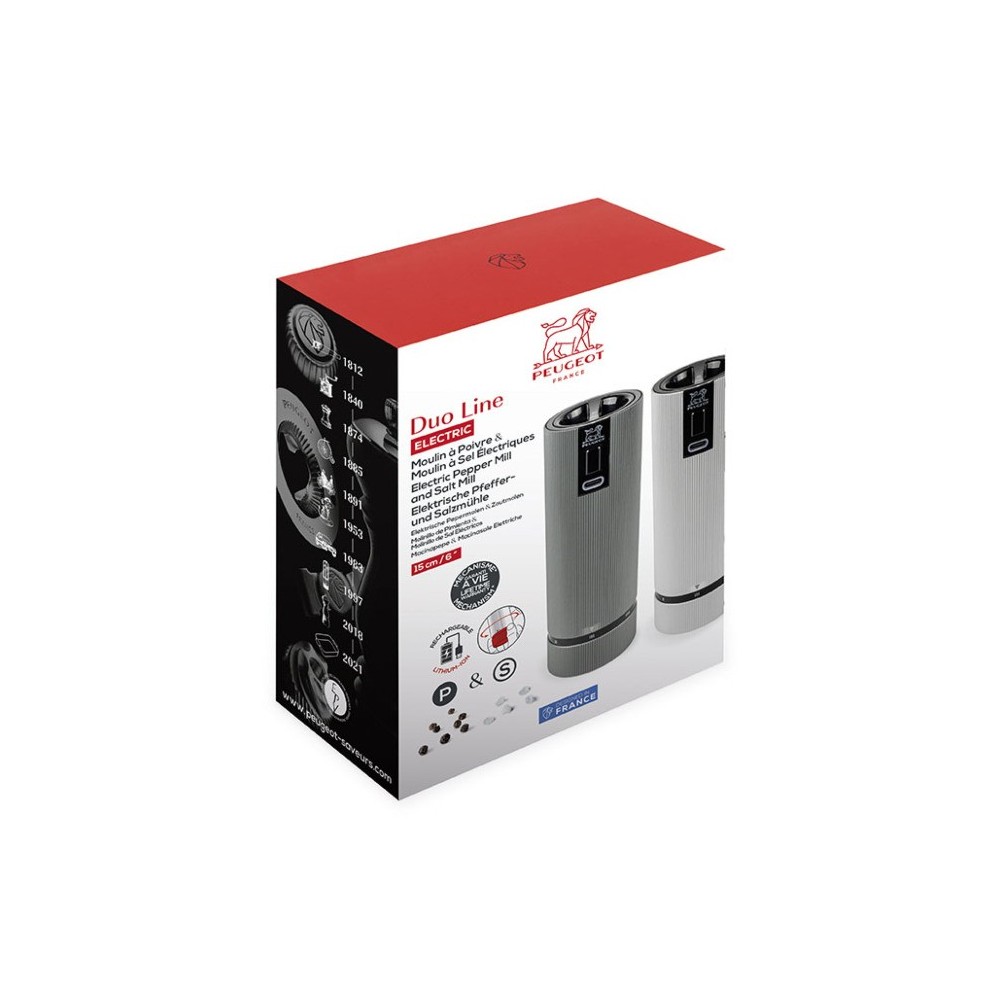 Coffret cadeau Line Electric – Duo de moulins à poivre et à sel électriques rechargeables, u’Select, carbone et aluminium, 15 cm