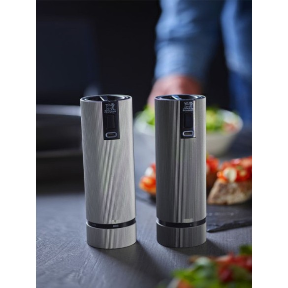 Coffret cadeau Line Electric – Duo de moulins à poivre et à sel électriques rechargeables, u’Select, carbone et aluminium, 15 cm