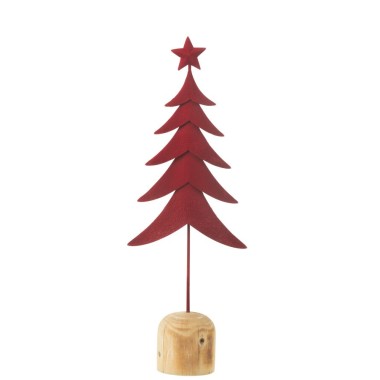 Sapin décoratif en métal rouge sur socle bois – 14,5 x 7 x 40 cm