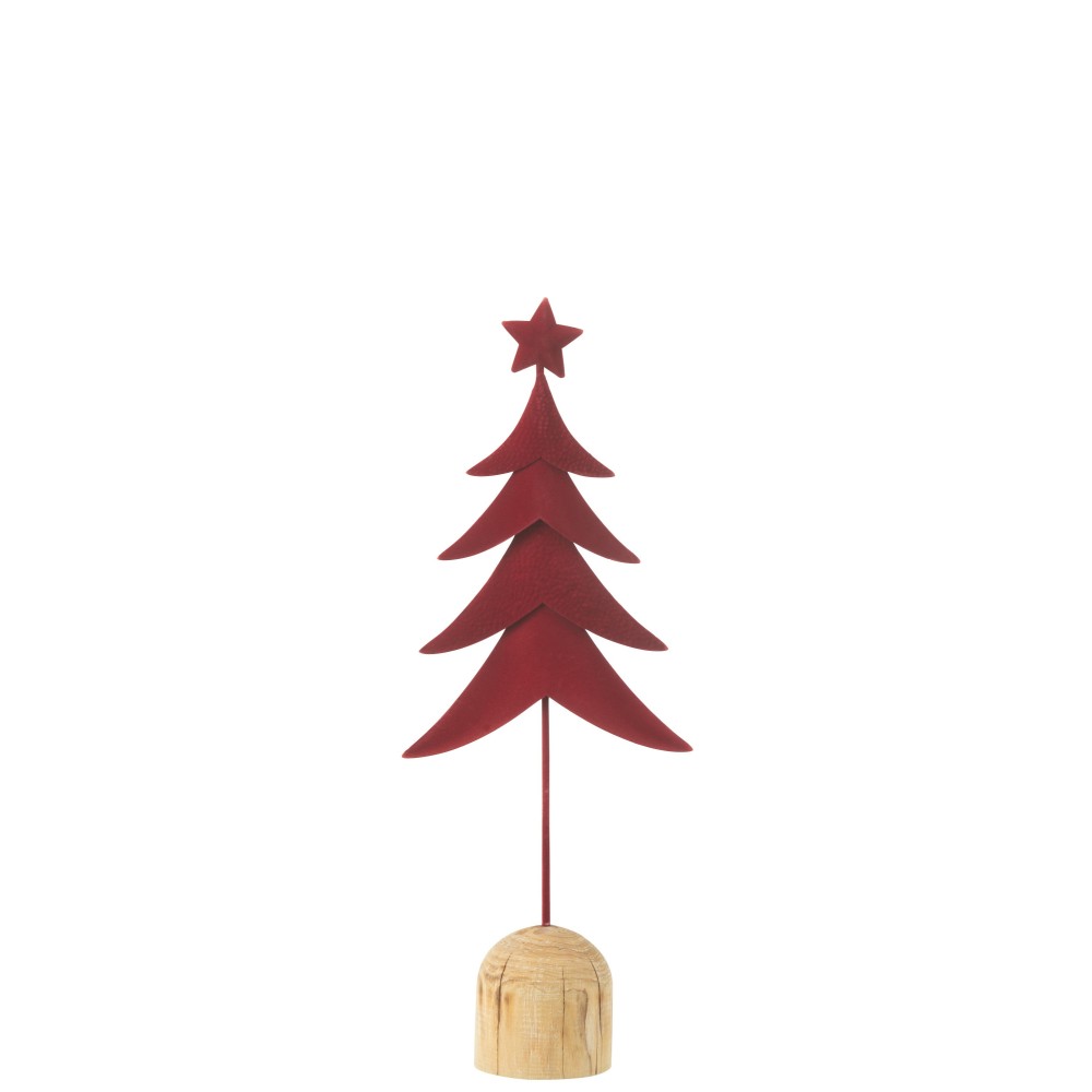 Sapin décoratif en métal rouge sur socle bois – 14,5 x 7 x 40 cm