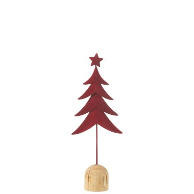 Sapin décoratif en métal rouge sur socle bois – 14,5 x 7 x 40 cm