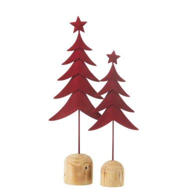 Sapin décoratif en métal rouge sur socle bois – 14,5 x 7 x 40 cm