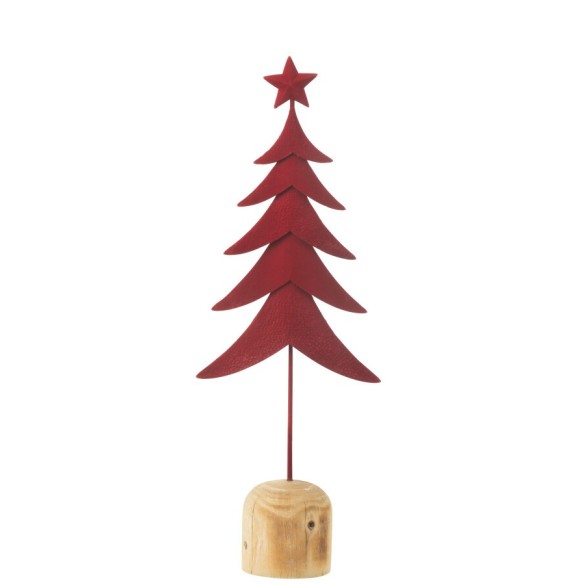 Sapin décoratif en métal rouge sur socle bois – 49x17.5x8 cm
