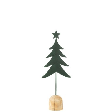 Sapin décoratif en métal vert sur socle bois – 14,5 x 7 x 40 cm
