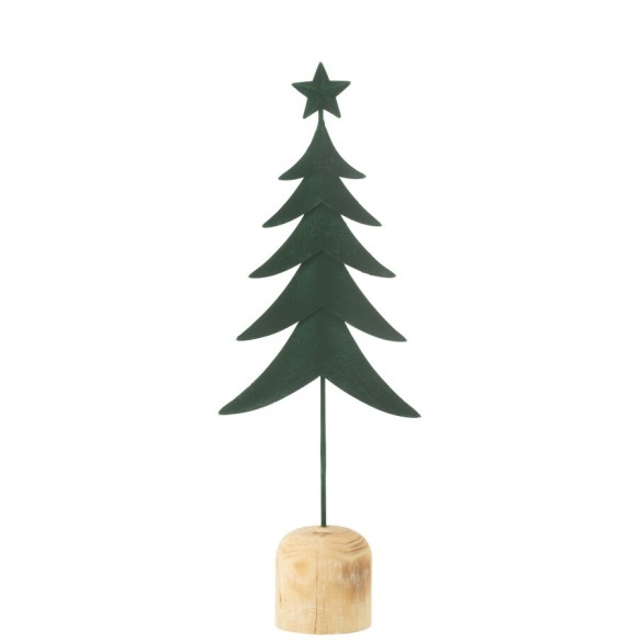 Sapin décoratif en métal vert sur socle bois – 49x17.5x8 cm