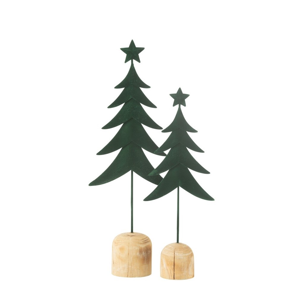 Sapin décoratif en métal vert sur socle bois – 49x17.5x8 cm