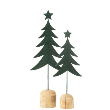 Sapin décoratif en métal vert sur socle bois – 49x17.5x8 cm