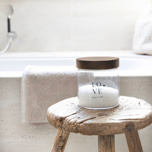 Bocal de rangement “Love” avec couvercle en bois – Ø12 × H13 cm