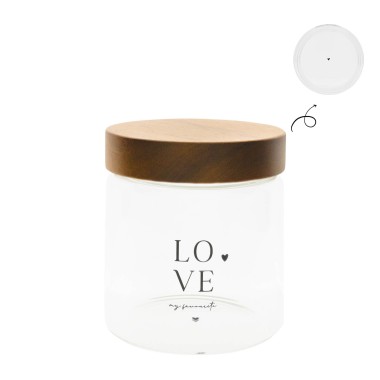 Bocal de rangement “Love” avec couvercle en bois – Ø12 × H13 cm