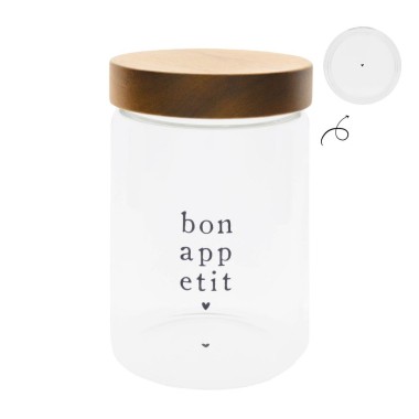 Bocal de rangement “Bon appétit” avec couvercle en bois – Ø12 × H18 cm