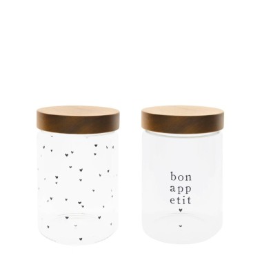 Bocal de rangement “Bon appétit” avec couvercle en bois – Ø12 × H18 cm