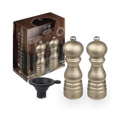 Duo de moulins à poivre et à sel GOLDEN PARIS – Finition dorée – 18 cm Peugeot Saveurs