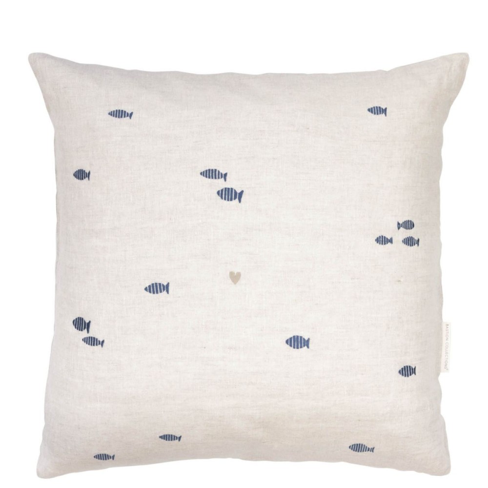 Housse de coussin beige avec des poissons bleus (60x60cm)