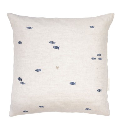 Housse de coussin beige avec des poissons bleus (60x60cm)